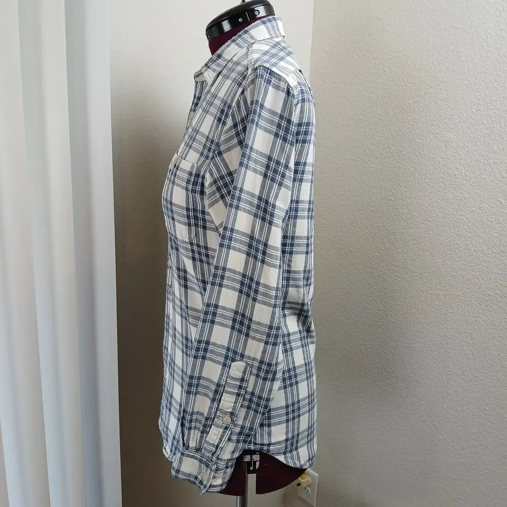 J.Crew Tailored Fit Workshirt Mens Small plaid white blue double layer cotton LS